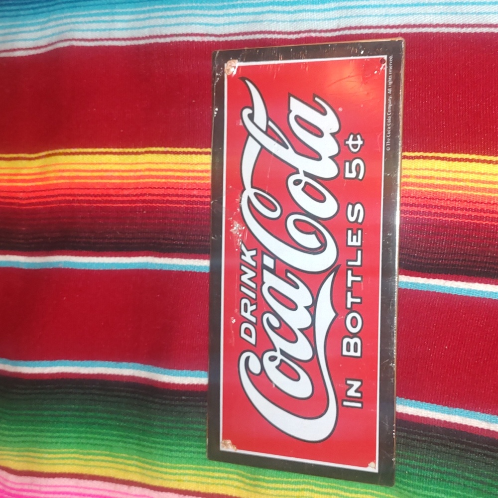 Vintage Metal Sign " Drink Coca Cola in Bottles 5cents" 18.5" x 7.5"